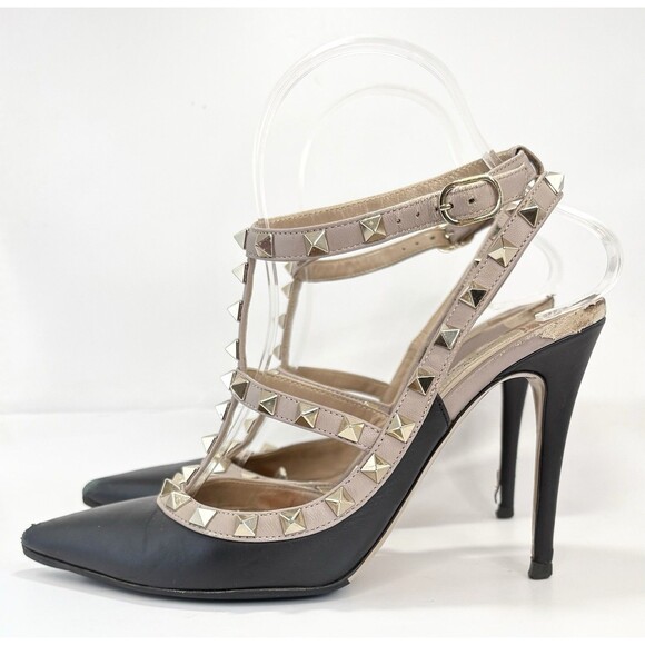 Valentino Garavani Rockstud Ankle Strap Pump Black w/ Gold Studs Sz EU 37.5 - Picture 2 of 16